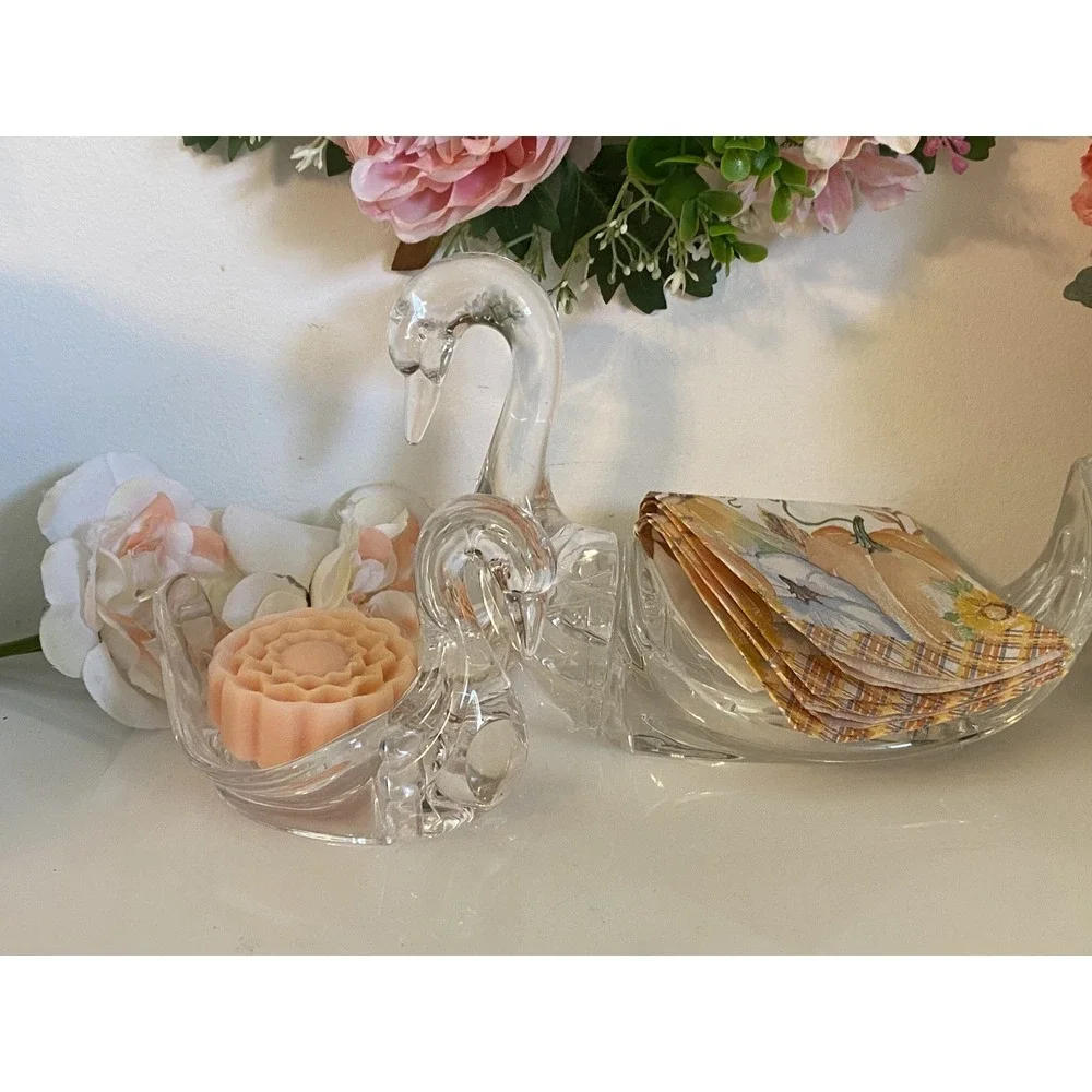 Vintage MCM Lucite Clear Swan Set of 2 Towel & Soap Holders 9